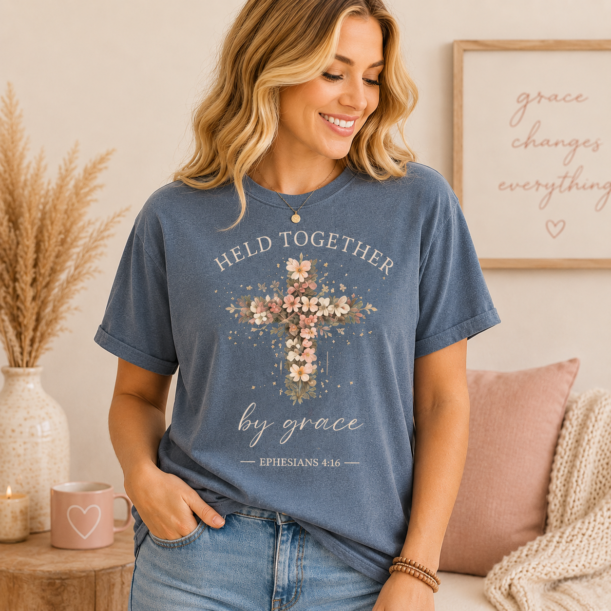 Held Together by Grace Floral Cross Christian T-Shirt | Faith-Inspired Boutique Tee
