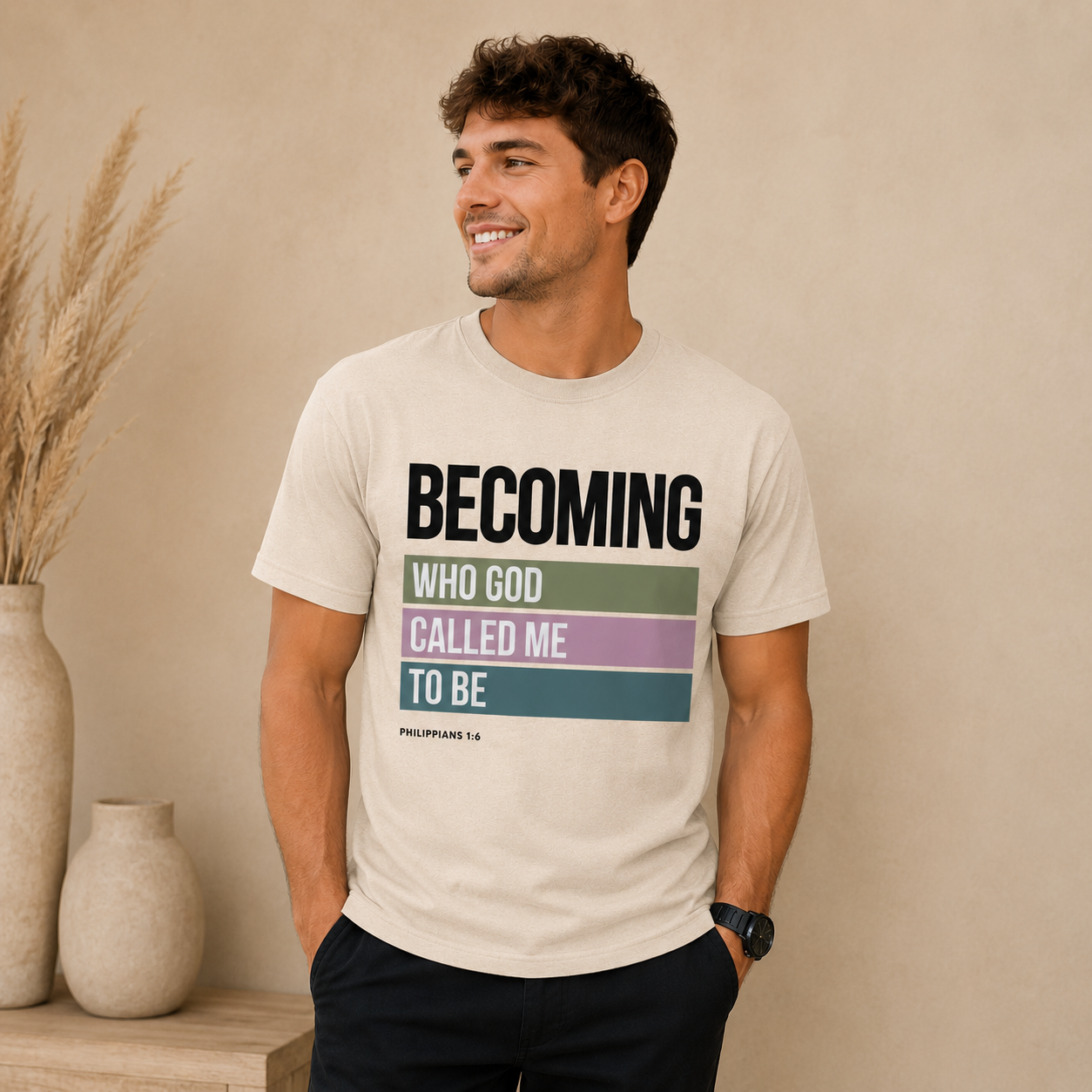 Becoming Christian Fitted T-Shirt | Philippians 1:6 Faith Tee