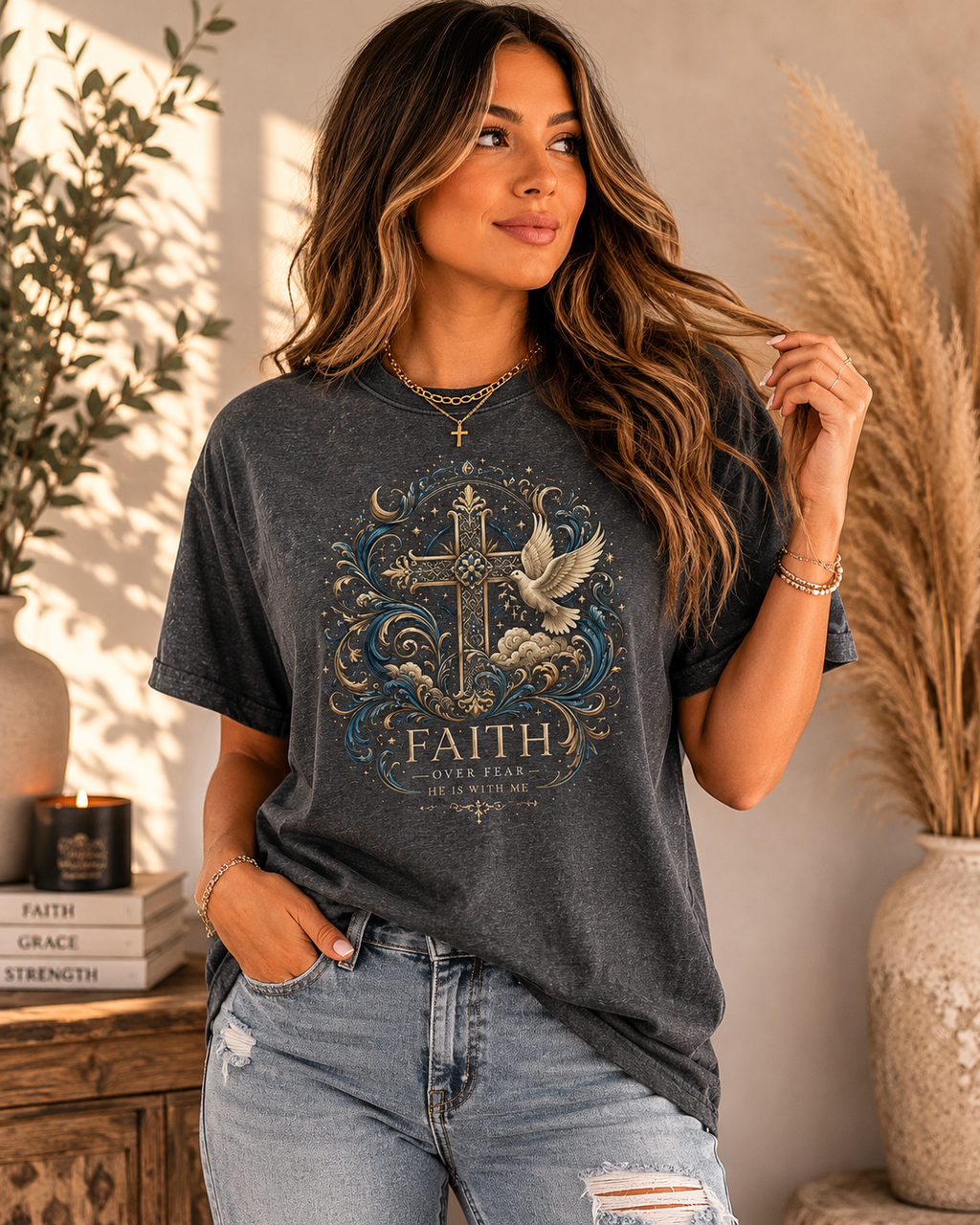 Faith Over Fear Christian T-Shirt | Celestial Cross Graphic Tee