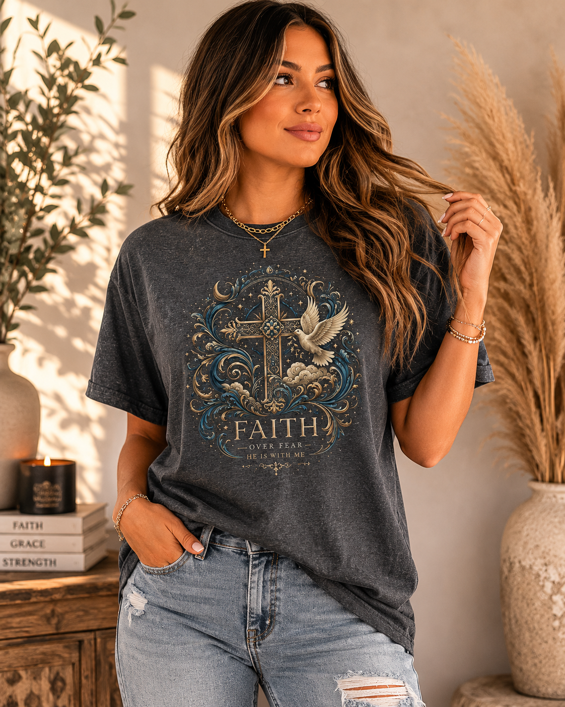 Faith Over Fear Christian T-Shirt | Celestial Cross Graphic Tee