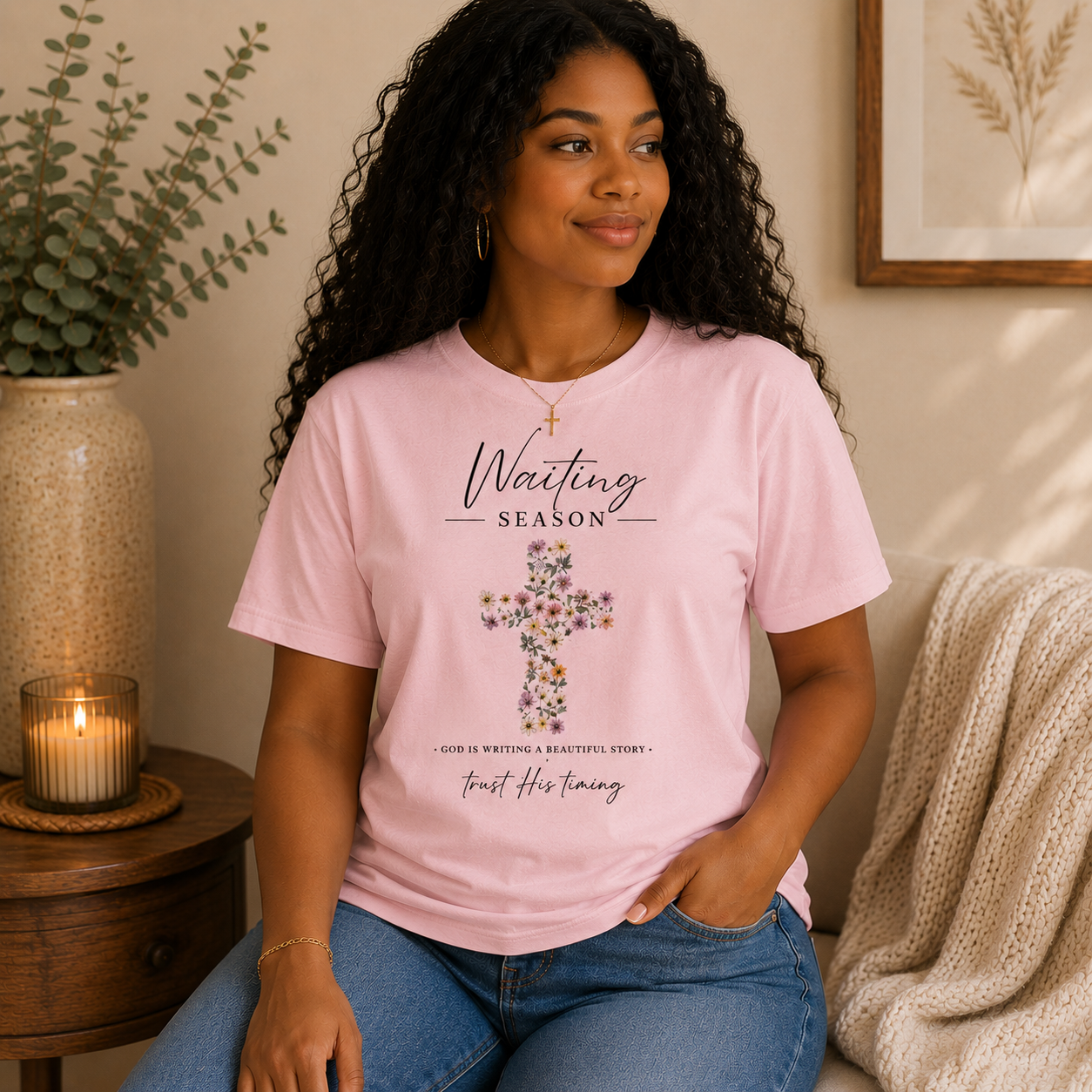 Waiting Season Christian T-Shirt | Faith-Based Floral Cross Tee