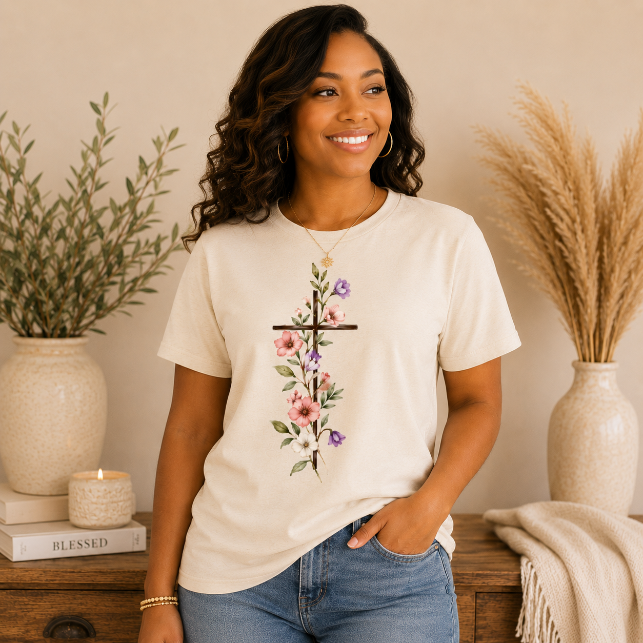 Floral Cross Christian T-Shirt | Minimal Faith-Inspired Botanical Tee
