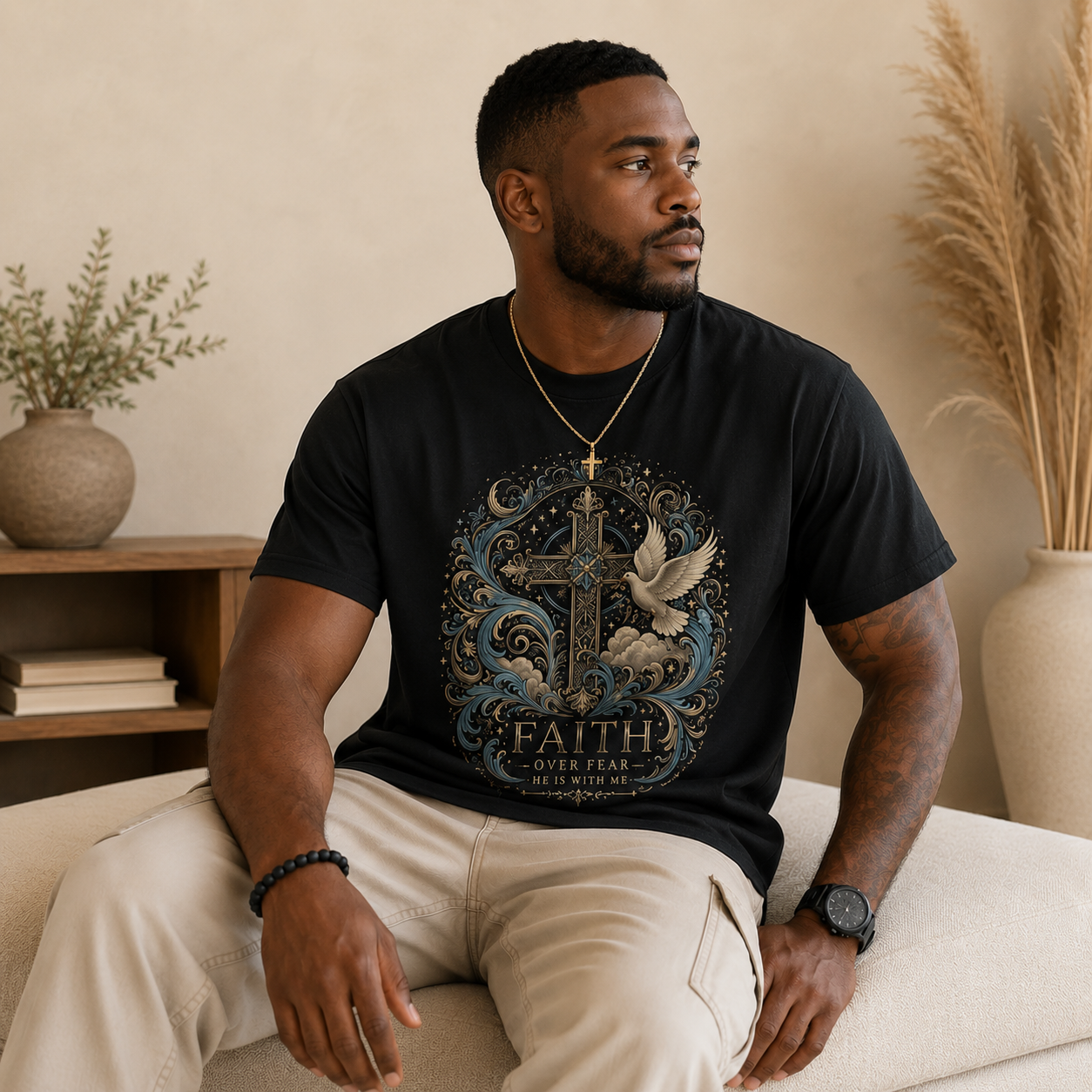 Faith Over Fear Christian T-Shirt | Celestial Cross Graphic Tee