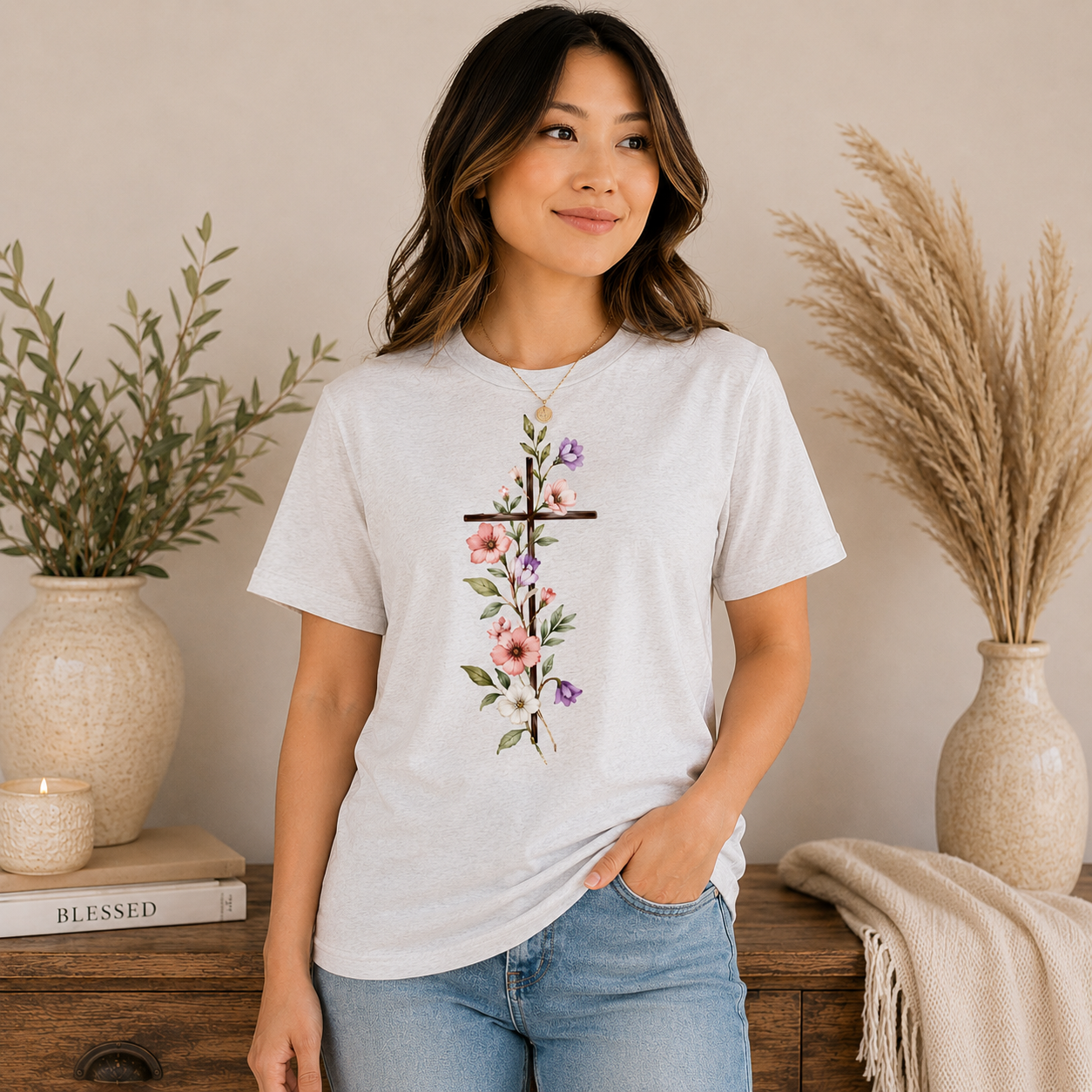 Floral Cross Christian T-Shirt | Minimal Faith-Inspired Botanical Tee