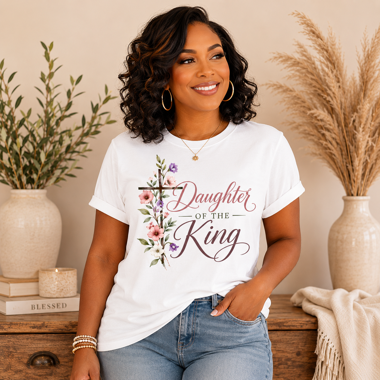 Daughter of the King Floral Cross Christian T-Shirt